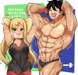  1boy :d abs armpits arms_behind_head arms_up bare_arms bare_shoulders bikini_briefs black_hair black_male_swimwear black_tank_top blonde_hair blush breasts closed_eyes collarbone commentary_request dumbbell_nan_kilo_moteru? female flexing green_eyes gyaru halftone halftone_background large_breasts long_hair looking_at_viewer machio_naruzou male_swimwear male_underwear muscular navel neshia_(tsaqif0309) nipples oerba_yun_fang open_mouth pectorals pose sakura_hibiki small_nipples smile standing sweat swim_briefs tank_top topless_male twintails underwear very_long_hair 