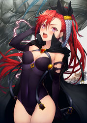  banned_artist bare_shoulders blue_eyes blue_hair blush breasts caesar_(rance) cape cleavage cowboy_shot elbow_gloves fangs female gloves golem hair_ornament hair_ribbon kyoeiki large_breasts leotard lightning long_hair medium_breasts open_mouth ponytail purple_gloves purple_leotard rance_(series) rance_10 red_hair ribbon satella very_long_hair 