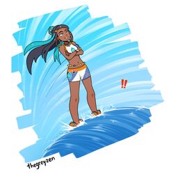  armlet belly_chain bikini commentary crop_top dark-skinned_female dark_skin earrings female gloves hair_bun hoop_earrings jewelry long_hair meme multicolored_hair necklace nessa_(pokemon) pokemon pokemon_swsh single_glove single_hair_bun solo sportswear swimsuit tankini thegreyzen two-tone_hair water waterskiing_(meme) 