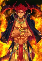  1boy abs bad_id bad_pixiv_id bara black_jacket bracer chest_tattoo collarbone crossed_arms curled_horns dark-skinned_male dark_skin demon_boy demon_horns facial_mark fire forehead_mark groin highres horns ifrit_(housamo) izu_(izukonohito) jacket jacket_on_shoulders looking_at_viewer male_focus muscular muscular_male navel obliques orange_eyes pectorals pointy_ears red_hair solo spiked_hair standing tail tattoo tokyo_afterschool_summoners 