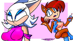  16:9 2019 anthro archie_comics ass bat blush breasts chipmunk clothed clothing duo eyelashes female ground_squirrel hi_res mammal mature_anthro mature_female nativefall rodent rouge_the_bat sally_acorn sciurid sega simple_background sonic_the_hedgehog_(archie) sonic_the_hedgehog_(comics) sonic_the_hedgehog_(series) thick_thighs widescreen 