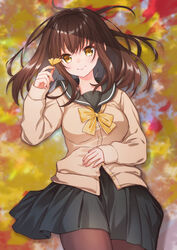  akariko black_skirt bow bowtie breasts brown_cardigan brown_hair brown_pantyhose buttons cardigan closed_mouth commentary_request female fingernails from_above hair_between_eyes hand_on_own_stomach head_tilt highres holding holding_leaf leaf long_hair long_sleeves looking_at_viewer lying medium_breasts on_back original pantyhose pleated_skirt school_uniform serafuku shade sidelocks skirt smile solo yellow_bow yellow_bowtie yellow_eyes 