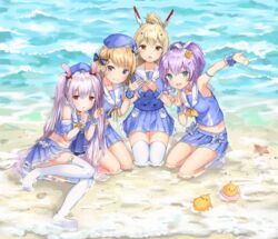  4girls arawado ayanami_(azur_lane) ayanami_(grade_a_sailor_uniform)_(azur_lane) azur_lane bare_arms bare_shoulders beach closed_mouth collarbone commentary_request crown detached_sleeves green_eyes grey_eyes hair_ribbon hands_on_own_chest hat highres javelin_(azur_lane) javelin_(let&#039;s_become_waitresses!)_(azur_lane) kneeling laffey_(azur_lane) laffey_(bunny_clerk?)_(azur_lane) long_hair looking_at_viewer manjuu_(azur_lane) midriff multiple_girls no_shoes ocean official_alternate_costume open_mouth orange_eyes outdoors pleated_skirt red_eyes ribbon short_hair skirt smile socks starfish thighhighs twintails v waving wet wet_clothes white_thighhighs wrist_cuffs z23_(azur_lane) z23_(perfect_smile?)_(azur_lane) 