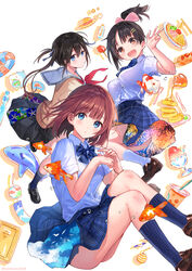  3girls :d aerial_fireworks animal black_footwear black_hair black_skirt blue_bow blue_eyes blue_ribbon blue_skirt blue_sky blue_socks bow breasts brown_eyes brown_footwear brown_hair brown_sweater candy_apple chopsticks cloud cloud_print cloudy_sky commentary_request cup disposable_cup doukyuusei_(hanekoto) dress_shirt drinking_straw fingernails fireworks fireworks_print fish floral_print food fork goldfish hair_between_eyes hair_ornament hair_ribbon hairbow hairclip hand_up hanekoto high_ponytail highres hot_dog imouto_(hanekoto) inflatable_shark inflatable_toy innertube kayari_buta kneehighs knife loafers long_hair medium_breasts multiple_girls neckerchief open_mouth original osananajimi_(hanekoto) pancake pancake_stack pink_bow plate pleated_skirt ponytail print_skirt red_neckerchief ribbon sailor_collar school_uniform serafuku shaved_ice shirt shoes short_sleeves sidelocks skirt sky sky_print smile socks spoon sweater swim_ring w white_legwear white_sailor_collar white_shirt wind_chime 