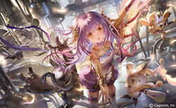  :d aenea_(shadowverse) animal_ears bare_shoulders black_footwear blush brown_eyes commentary_request copyright_notice dress dutch_angle eyes_visible_through_hair feathers female hair_between_eyes headgear leaning_forward liiko long_hair official_art open_mouth outstretched_arm purple_dress purple_hair rabbit_ears robot shadowverse shoes sleeveless sleeveless_dress smile solo standing standing_on_one_leg thighhighs very_long_hair watermark white_feathers white_thighhighs 