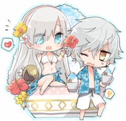  ! 1boy ^^^ anastasia_(fate) bikini bikini_top_only blue_eyes blush chibi collarbone commentary_request cup doll eyes_visible_through_hair fate/grand_order fate_(series) female flower food grey_hair hair_flower hair_ornament hair_over_one_eye hairband hawaiian_shirt heart hibiscus kadoc_zemlupus long_hair male_swimwear navel one_eye_closed open_mouth shaved_ice shio_kuzumochi shirt shorts sitting spoken_exclamation_mark spoken_heart sweatdrop swim_trunks swimsuit towel utensil very_long_hair viy_(fate) white_background white_bikini wristband yellow_eyes 