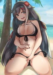  azur_lane bare_legs beach bikini black_bikini black_hair black_nails blue_eyes breasts cleavage cloud cloudy_sky commentary_request day deutschland_(azur_lane) deutschland_(service_time?!)_(azur_lane) female flower full_body hair_flower hair_ornament hair_ribbon highres kneeling long_hair looking_at_viewer medium_breasts midriff mole mole_on_stomach multicolored_hair navel ocean official_alternate_costume open_mouth outdoors palm_tree red_hair ribbon side-tie_bikini_bottom sky smile solo swimsuit tree tsyn twintails white_hair 