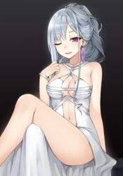  ak-12_(girls&#039;_frontline) alternate_color bad_id bad_pixiv_id bare_shoulders black_background breasts canape_(canape0130) cleavage commentary crossed_legs dress earrings female girls&#039;_frontline glowing grey_hair hand_up jewelry long_hair medium_breasts navel one_eye_closed parted_lips purple_eyes sitting smile solo white_dress 