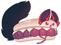  2018 ambiguous_gender arh canid canine cheese dairy_products digital_media_(artwork) fennec_fox fluffy fluffy_ears fluffy_tail food food_creature fox fur grin heart_symbol mammal markings meatball red_body red_fur sandwich_(food) simple_background smile solo submarine_sandwich tail true_fox v-0-1-d white_background 