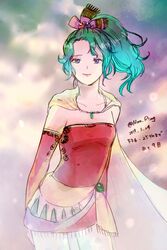  bad_id bad_pixiv_id blue_eyes breasts cape commentary_request detached_sleeves dress elbow_gloves female final_fantasy final_fantasy_vi gloves green_hair hair_ribbon highres jewelry komugiko_no_mori long_hair looking_at_viewer pantyhose ponytail ribbon smile solo terra_branford 