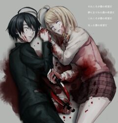  1boy ahoge akamatsu_kaede bad_id bad_pixiv_id black_hair black_jacket black_pants blonde_hair blood blood_in_hair blood_on_clothes blood_on_face blood_on_knife closed_eyes commentary_request couple cowboy_shot danganronpa_(series) danganronpa_v3:_killing_harmony deep_wound female from_above grey_background hair_ornament highres holding holding_hands holding_knife injury jacket knife long_hair long_sleeves lying miniskirt musical_note musical_note_hair_ornament musical_note_print on_side pants parted_lips pink_sweater pleated_skirt print_skirt purple_skirt saihara_shuichi shirt short_hair simple_background skirt straight sweater sweater_vest translation_request white_shirt xino 