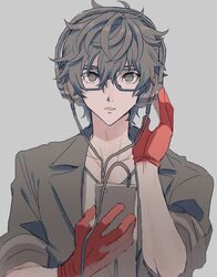  1boy amamiya_ren black_eyes black_hair black_jacket cellphone collarbone glasses gloves hair_between_eyes headphones holding holding_phone jacket kometubu0712 male_focus parted_lips persona persona_5 persona_5:_dancing_star_night persona_dancing phone red_gloves sleeves_rolled_up smartphone solo upper_body 