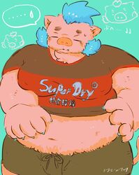  2019 absurd_res anthro belly blue_background bottomwear buta5kawa closed_eyes clothing ganglie_(tas) hamuga86 hi_res humanoid_hands japanese_text lifewonders male mammal moobs navel overweight overweight_anthro overweight_male shirt shorts simple_background solo suid suina sus_(pig) text tokyo_afterschool_summoners topwear wild_boar 