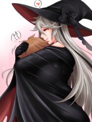  1boy black_headwear breast_smother breasts brown_eyes capelet cloak commentary_request face_to_breasts female gradient_background gran_(granblue_fantasy) granblue_fantasy grey_hair hat heart hug large_breasts lips long_hair magisa_(granblue_fantasy) pink_background smile spoken_heart straight suzuki_sakura translation_request very_long_hair white_background witch_hat 