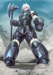  armlet armor axe battle_axe blue_sky clenched_hand commentary_request day female gauntlets hair_over_one_eye highres holding holding_axe iwaya outdoors photoshop_(medium) pink_hair pixiv_fantasia pixiv_fantasia_last_saga polearm sky solo spiked_armlet standing ulferica_(pixiv_fantasia_last_saga) unworn_headwear weapon yellow_eyes 