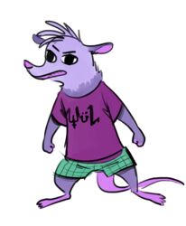  2019 ambiguous_gender american_opossum anthro barefoot biped clothed clothing feet fuel_(artist) head_tuft leg_markings mammal markings marsupial neck_tuft open_mouth shirt simple_background socks_(marking) solo standing text text_on_clothing text_on_shirt text_on_topwear topwear tuft virginia_opossum white_background zelda_(fuel) 