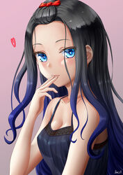  bangs_pinned_back black_hair blue_eyes blue_hair blue_shirt bow breasts cleavage closed_mouth collarbone commentary_request female gradient_hair hairbow heart highres hoshikawa_shiori kayama_kouji long_hair looking_at_viewer medium_breasts multicolored_hair original pink_background red_bow see-through_silhouette shirt signature sleeveless sleeveless_shirt solo upper_body 