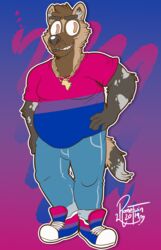  2019 absurd_res african_wild_dog anthro belly bisexual_pride_colors black_nose brown_body brown_eyes brown_fur canid canine chains clothing darius_davis digital_media_(artwork) footwear frohawk fur gold_(metal) gold_chain hair hi_res jewelry lgbt_pride male mammal multicolored_body multicolored_fur necklace pride_color_clothing pride_color_footwear pride_color_shirt pride_color_shoes pride_color_topwear pride_colors romecartoons shirt shoes sneakers solo topwear 