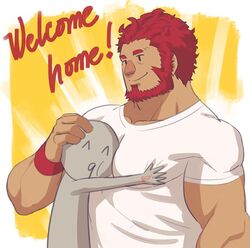  1boy 1other bara beard between_pectorals commentary facial_hair fate/grand_order fate/zero fate_(series) head_between_pecs iskandar_(fate) large_pectorals male_focus mature_male muscular muscular_male pectorals red_hair scar scar_on_face shirt short_hair simple_background smile solo_focus t-shirt upper_body wristband zink_(zink_mchn) 