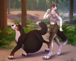  2019 5:4 anthro black_body black_fur black_nose brown_eyes canid canine canis day detailed_background digital_media_(artwork) domestic_dog duo female feral fur hi_res mammal open_mouth outside sergeantyakirr tail tongue 