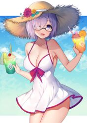  :d aozora_nan bare_arms bare_shoulders black-framed_eyewear blue_sky breasts brown_hat cherry cleavage cloud collarbone commentary_request cowboy_shot cup day dress dress_swimsuit drinking_glass drinking_straw fate/grand_order fate_(series) female flower food fruit glasses hair_over_one_eye halter_dress halterneck hat hat_flower highres holding holding_cup large_breasts looking_at_viewer mash_kyrielight mash_kyrielight_(swimsuit_of_perpetual_summer) official_alternate_costume open_mouth purple_eyes purple_hair red_flower short_hair sky sleeveless sleeveless_dress smile solo standing straw_hat thighs tropical_drink white_dress 