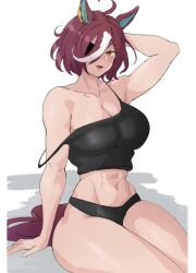  abs ahoge animal_ears arm_up black_panties black_tank_top blush breasts brown_eyes brown_hair commentary_request ear_ornament eyepatch female hair_between_eyes highres horse_ears horse_girl horse_tail large_breasts looking_at_viewer messy_hair miya_nns35 multicolored_hair muscular muscular_female navel open_mouth panties shadow short_hair simple_background sitting smile solo stomach strap_slip streaked_hair tail tanino_gimlet_(umamusume) tank_top umamusume underwear white_background white_hair 