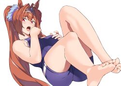  absurdres animal_ears bare_shoulders barefoot blue_one-piece_swimsuit blush breasts brown_hair collarbone commentary_request daiwa_scarlet_(umamusume) feet female full_body hair_intakes hair_ornament hair_ribbon highres horse_ears horse_girl horse_tail long_hair looking_at_viewer medium_breasts one-piece_swimsuit open_mouth pirukusu red_eyes red_ribbon ribbon school_swimsuit simple_background soles solo swimsuit tail teeth tiara toes tracen_swimsuit twintails umamusume very_long_hair white_background 