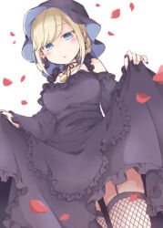  alice_lendrott black_dress black_nails black_veil blonde_hair blue_eyes blush braid breasts clothes_lift collarbone cross cross_earrings dot_nose dress dress_lift earrings eyelashes falling_petals female fishnet_thighhighs fishnets frilled_dress frills from_below garter_straps jewelry large_breasts lifting_own_clothes looking_down necklace off-shoulder_dress off_shoulder parted_bangs parted_lips petals red_petals sako7 shinigami_bocchan_to_kuro_maid sidelocks simple_background single_braid solo swept_bangs thighhighs veil white_background 