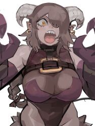  33dot animal_ears blonde_hair body_freckles breasts brown_hair female freckles gloves goat_horns goat_tail hair_over_one_eye highres holding horizontal_pupils horns jewelry jingle_bell_earrings krampus_(33dot) large_breasts long_hair long_sleeves looking_at_viewer open_mouth original short_hair signpost simple_background solo spoken_expression tail underwear white_background yellow_eyes 