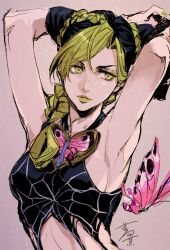  armpits black_hair braid breasts bug butterfly cone_hair_bun crop_top double_bun female green_eyes green_hair green_lips hagiya_kaoru hair_bun jojo_no_kimyou_na_bouken kujo_jolyne lips lipstick long_hair makeup midriff multicolored_hair signature solo spider_web_print stone_ocean two-tone_hair 