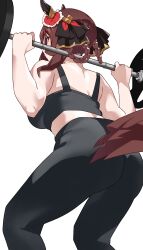  absurdres animal_ears ass bare_shoulders black_leggings black_sports_bra breasts brown_hair commentary_request exercising feet_out_of_frame female from_behind gentildonna_(umamusume) hair_ornament highres holding horse_ears horse_girl horse_tail leggings medium_breasts medium_hair nape pirukusu red_eyes simple_background solo sports_bra squatting tail tail_through_clothes umamusume weightlifting white_background 