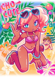  1boy arrow_(symbol) bead_bracelet bead_necklace beads bikini blonde_hair blue-framed_eyewear blue_eyes blue_footwear blue_nails bracelet breasts bright_pupils colorful commentary_request cross cross_necklace dark-skinned_female dark_skin english_text eyeshadow eyewear_on_head female flip-flops flower ganguro gyaru heart heart-shaped_eyewear hibiscus jewelry kneeling leaf lipgloss looking_at_viewer makeup medium_breasts medium_hair nail_polish navel necklace original pink_bikini pink_eyeshadow pink_lips rinya_(ri0_0ya) sandals shiny_skin side_ponytail solo_focus starfish striped_bikini striped_clothes sunglasses sweat swimsuit toeless_footwear tropical tsurime white_bikini white_pupils 