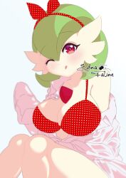  artist_name bikini bikini_top_only bikini_under_clothes blue_background bob_cut breasts cleavage closed_mouth collarbone collared_shirt colored_skin commentary edna_faline english_commentary female full_body gardevoir green_hair hair_between_eyes hairband hand_up happy head_tilt knees_together_feet_apart knees_up large_breasts long_sleeves looking_at_viewer off_shoulder one_eye_closed open_clothes open_shirt oversized_clothes oversized_shirt pokemon pokemon_(creature) polka_dot polka_dot_bikini red_bikini red_eyes red_hairband shirt short_hair signature simple_background single_bare_shoulder sitting sleeves_past_fingers sleeves_past_wrists smile solo swimsuit white_shirt white_skin 