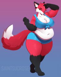  2023 4_toes 5_fingers anthro artist_name belly belly_rolls bent_arm big_breasts black_ears black_eyebrows blue_bottomwear blue_bra blue_clothing blue_shorts blue_underwear bottomwear bra breasts canid canine cheek_tuft clothed clothed_anthro clothed_female clothing curvy_anthro curvy_female curvy_figure dipstick_tail english_description eyebrows eyelashes facial_tuft feet female female_anthro fingers fluffy fluffy_tail fox fur furrowed_brow furrowed_eyebrows gradient_background hair half-closed_eyes hand_on_head mammal markings millie_(red08fox) multicolored_body multicolored_fur narrowed_eyes navel orange_eyes overweight overweight_anthro overweight_female paws pose red_body red_fox red_fur red_hair saintsucrose shaded shorts simple_background solo standing tail tail_markings thick_thighs toes true_fox tuft underwear white_inner_ear white_tail_tip 