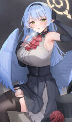  arm_behind_head arm_up armpits ascot bare_shoulders black_dress black_gloves black_hairband black_thighhighs blue_archive blue_hair blue_wings breasts commentary_request dark_background dress elbow_gloves feathered_wings female fingerless_gloves flower gloves green_eyes grey_dress hairband halo hat hat_flower heavy_breathing highres large_breasts layered_dress looking_at_viewer low_wings mine_(blue_archive) mine_(idol)_(blue_archive) official_alternate_costume open_mouth pointy_ears red_ascot red_flower red_rose rose shougun_(chuckni1) simple_background sitting sleeveless sleeveless_dress solo sweat thighhighs top_hat unworn_hat unworn_headwear wings yellow_halo 