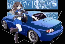  2024 black_choker black_footwear black_jacket black_leg_warmers black_shirt blue_car blue_skirt breasts brown_hair car choker cropped_shirt female highres jacket leg_warmers looking_at_viewer mazda mazda_mx-5 mazda_mx-5_nc medium_breasts midriff motor_vehicle mugi_(marineblue134) navel original parted_lips pleated_skirt radio_antenna shirt skirt smile solo sports_car two_side_up vehicle_focus 