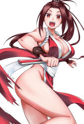  ass breasts brown_eyes brown_hair cleavage commentary_request fatal_fury female folding_fan hand_fan highres holding holding_fan japanese_clothes keke_(user_zech7732) large_breasts open_mouth pelvic_curtain ponytail shiranui_mai sideboob smile solo 