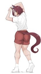  animal_ears ass breasts brown_hair calves commentary_request ear_ornament female from_behind full_body hair_between_eyes highres horse_ears horse_girl horse_tail looking_at_viewer looking_back medium_breasts miya_nns35 multicolored_hair muscular muscular_female notice_lines open_mouth red_shorts shirt shoes shorts simple_background sneakers socks solo standing streaked_hair stretching tail tail_through_clothes tanino_gimlet_(umamusume) thighhighs tracen_training_uniform umamusume white_background white_footwear white_hair white_shirt white_socks 