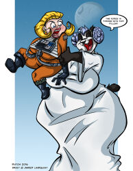  2016 anthro apple_(dutch) bear belly big_breasts blonde_hair blue_eyes blue_hair breasts closed_eyes clothed clothing cosplay daisy_(jklind) death_star digital_media_(artwork) dress duo dutch_(artist) english_text female giant_panda hair huge_breasts human leia_organa mammal misty_the_mouse open_mouth overweight overweight_anthro overweight_female speech_bubble star_wars text x-wing_uniform 