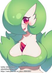  artist_name blush bob_cut breasts cleavage collarbone colored_skin commentary edna_faline email_address english_commentary female gardevoir green_hair green_skin hair_over_one_eye hands_up happy huge_breasts looking_to_the_side multicolored_skin one_eye_covered open_mouth pixiv_id pokemon pokemon_(creature) shiny_skin short_hair simple_background smile solo standing twitter_username two-tone_skin upper_body watermark web_address white_background white_skin 