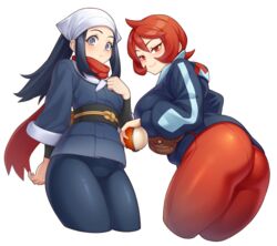  2girls akari_(pokemon) arezu_(pokemon) arm_behind_back ass bangs big_ass black_hair black_sash black_shirt blush brown_bag closed_mouth clothed commentary_request cowlick creatures_(company) elomil eyelashes game_freak grey_eyes grey_jacket grey_skirt hand_up head_scarf hi_res highres holding holding_poke_ball jacket long_hair long_sleeves multiple_girls nintendo orange_legwear pantyhose poke_ball poke_ball_(legends) pokemon pokemon_(game) pokemon_legends:_arceus ponytail red_eyes red_hair red_scarf sash scarf shirt short_hair sidelocks skirt smile white_background white_headwear 