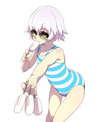  blush commentary_request covered_navel echo_(circa) fate/apocrypha fate/grand_order fate_(series) female flat_chest food holding jack_the_ripper_(chaldea_lifesavers)_(fate) jack_the_ripper_(fate/apocrypha) one-piece_swimsuit popsicle scar scar_across_eye scar_on_cheek scar_on_face short_hair simple_background solo striped_clothes striped_one-piece_swimsuit sunglasses swimsuit white_background white_hair yellow_eyes 