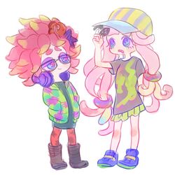  2girls animal_print annie_(splatoon) baseball_cap blue_eyes bracelet clownfish commentary_request drooling eyelashes eyeshadow fish fish_hair_ornament green_skirt hair_ornament hands_in_pockets harmony&#039;s_clownfish_(splatoon) harmony_(splatoon) hat hood hoodie jewelry long_hair makeup miniskirt multiple_girls orange_legwear pantyhose pink_hair pleated_skirt protected_link sanpaku sea_anemone shoes skirt sneakers splatoon_(series) splatoon_1 squid tentacle_hair trait_connection tropical_fish uzus 