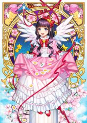  :d angel_wings bad_id bad_pixiv_id bird black_hair blue_eyes blunt_bangs blush bow bowtie briska cardcaptor_sakura daidouji_tomoyo dress feathered_wings female flower full_body hair_ornament hairbow highres kero_(cardcaptor_sakura) layered_dress long_dress long_hair looking_at_viewer open_mouth pink_dress red_bow red_bowtie red_footwear red_ribbon ribbon sitting skirt_hold smile solo star_(symbol) star_hair_ornament white_flower white_legwear white_wings wings 