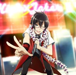  1boy ;) black_hair bracelet flower flower_necklace foreshortening glasses green_eyes holding holding_microphone idolmaster idolmaster_side-m indoors iseya_shiki jewelry looking_at_viewer male_focus microphone necklace necktie neon_lights official_art one_eye_closed open_mouth pink-framed_eyewear smile solo standing v 