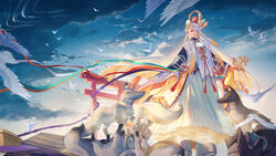  age_progression bangs bell bird blonde_hair closed_mouth cloud commentary_request criin facial_mark female fox hair_ornament highres holding japanese_clothes long_hair long_sleeves looking_to_the_side miketsu_(onmyoji) miko mole mole_under_mouth multicolored multicolored_clothes multicolored_hair onmyoji outdoors red_eyes reflection solo standing tail two-tone_hair very_long_hair water white_hair wide_sleeves 