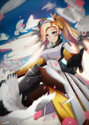  artist_name blonde_hair blue_eyes breasts commentary english_commentary english_text engrish_text female halo high_ponytail highres kowaremashita large_breasts long_hair looking_at_viewer mechanical_halo mechanical_wings mercy_(overwatch) overwatch overwatch_1 pantyhose patreon_logo patreon_username ranguage smile solo typo wings 