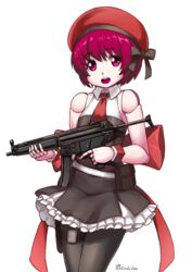  :d android beret black_pantyhose black_skirt bow collared_shirt commentary_request cosplay doll_joints dorothy_haze female finalcake girls&#039;_frontline gun h&amp;k_mp5 hair_between_eyes hat head_tilt holding holding_gun holding_weapon joints looking_at_viewer mp5_(girls&#039;_frontline) mp5_(girls&#039;_frontline)_(cosplay) necktie open_mouth pantyhose pink_eyes pink_hair red_bow red_hat red_necktie robot_joints shirt short_hair skirt sleeveless sleeveless_shirt smile solo standing submachine_gun va-11_hall-a weapon white_background wing_collar wrist_cuffs 