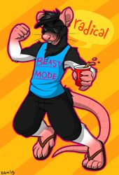  alcohol anthro beverage bottomwear brodent clothed clothing english_text eyewear food footwear fur hair holding_object male mammal murid murine open_mouth pants rat rodent sandals shirt simple_background smile solo solo_cup sunglasses tank_top teeth text tongue topwear white_body white_fur xiamtheferret 