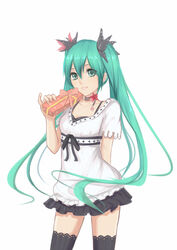  commentary_request female gift green_eyes green_hair hatsune_miku highres itachi_kanade long_hair skirt solo thighhighs twintails very_long_hair vocaloid white_background world_is_mine_(vocaloid) 